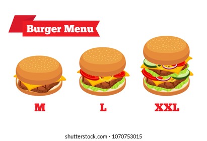 Vector hamburger menu with different ingredients. Burger bread, meat, beef, cheese, tomato, cucumber, onion, bell pepper with sesame