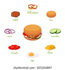 Vector hamburger menu with different ingredients. Burger constructor - bread, meat, beef, cheese, tomato, cucumber, onion, bell pepper with sesame