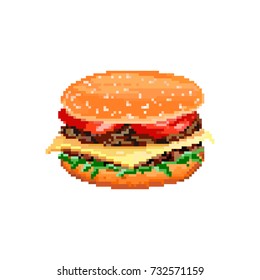 Vector hamburger on white background, pixel art style. Icon fast food. 8bit