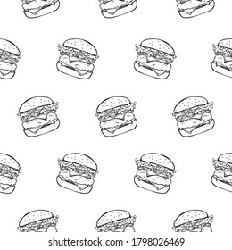 Vector hamburger pattern, in black and white. Drawn by hand. Perfect for printing on fabric, paper or for cafe menu backgrounds.