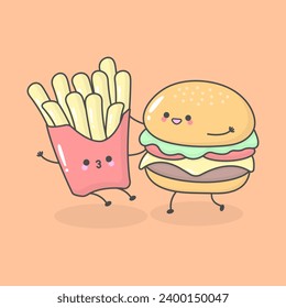Vector Hamburger Potato Fries Fast Junk Food with cute facial expressions and pastel colour