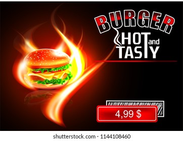 Vector hamburger. A realistic image of a burger with cheese, tomato, lettuce, meat and sesame seeds.Logo, emblem, sticker for companies selling fast food, hamburgers.