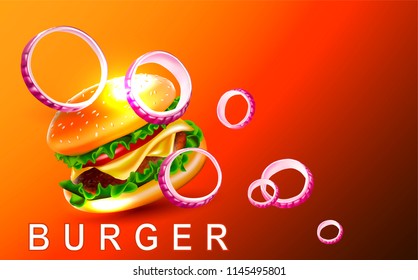 Vector hamburger. A realistic image of a burger with cheese, tomato, lettuce, meat and sesame seeds.Logo, emblem, sticker for companies selling fast food.
