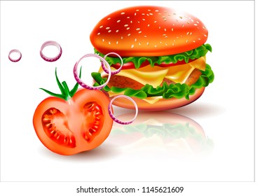 Vector hamburger. A realistic image of a burger with cheese, tomato, lettuce, meat and sesame seeds.Logo, emblem, sticker for companies selling fast food.Vector onion rings.
Red onions.