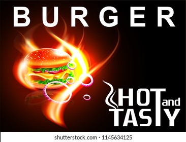 Vector hamburger. A realistic image of a burger with cheese, tomato, lettuce, meat and sesame seeds.Logo, emblem, sticker for companies selling fast food.