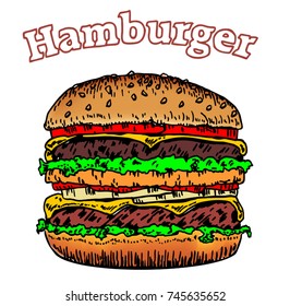 Vector hamburger in sketch style. Old hand drawn engraving imitation. Classic burger isolated on a white background. Sandwich with ingredients. Colorful vector illustration.