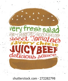 Vector hamburger with text Very fresh salad, crispy onions, sweet tomatoes, savory cheese, juicy beef, delicious sauce. Concept art cartoon sandvich. 