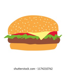 Vector hamburger. Hamburger with tomato, cheese, meat, salad. Fastfood illustration. 