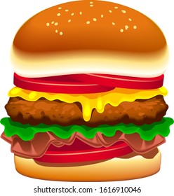 Vector hamburger tomatoes, cheese, lettuce, and grilled bacon isolated on white background