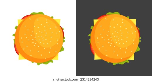 Vista superior de hamburguesa vectorial. Hamburguesa con queso, tomates, chuleta, lechuga. Comida rápida o comida chatarra. Ilustración para menú aislado en blanco y negro.