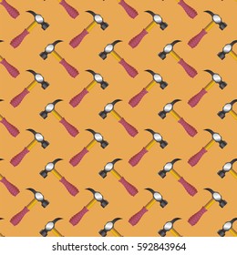 Vector Hammer Icon Seamless Pattern on Orange Background