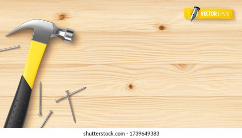 Vector hammer and nails on wood background