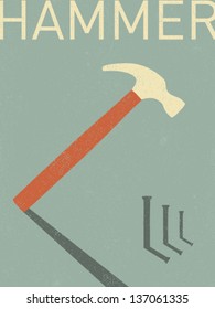 martillo vectorial y clavos - ilustración retro