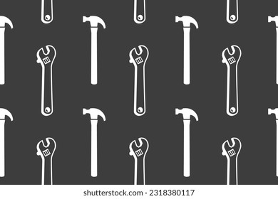Vector hammer and wrench pattern seamless black on white print of tools for construction and repair