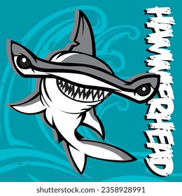 Vector hammerhead shark print. Large shark with teeth, text and a  wave on a blue background.