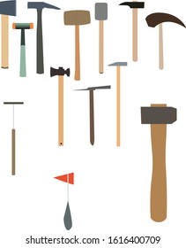 
Vector hammers collection. Color percussion instrument. Tools for design