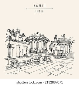 Vector Hampi postcard. Karnataka, India. Vijayanagara Empire 14th century capital. Ancent Vittala (Vitthala) temple. Heritage travel sketch. Vintage hand drawn travel postcard, poster illustration