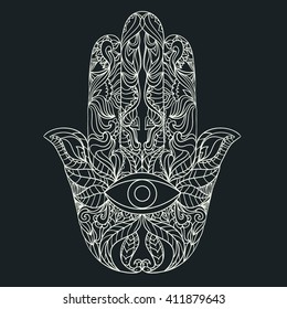 Vector hamsa hand drawn symbol. Eye on hand. Hamsa hand, Hand of Fatima - amulet, symbol of protection from devil eye