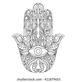 Vector hamsa hand drawn symbol. Eye on hand.  amulet, symbol.