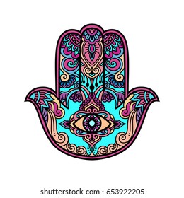 Vector hamsa hand drawn symbol with ethnic floral multicolored ornaments. oriental all see eye in zen tangle ornament doodle style.