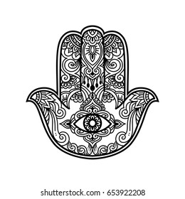 Vector hamsa hand drawn symbol with ethnic floral monochrome ornaments. oriental all see eye in zen tangle ornament doodle style.