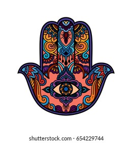 Vector hamsa hand drawn symbol with ethnic floral multi colored ornaments. oriental all see eye in zen tangle ornament doodle style.