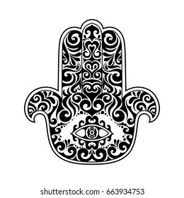 Vector hamsa hand drawn symbol with tribal ethnic floral monochrome ornaments. oriental all see eye in zen tangle ornament doodle style tattoo.