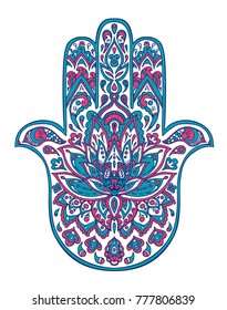Vector hamsa hand drawn symbol with ethnic floral monochrome ornaments Pink & Blue colors.
