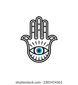 Vektor Hamsa Hand und böses Auge Amulet auf weißem Hintergrund.