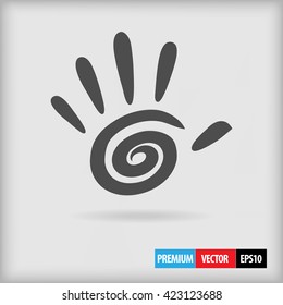 Vector Hand With 5 Fingers And Spiral Design Element As Logo, Icon Illustrating High Five, Hi And Other Gestures