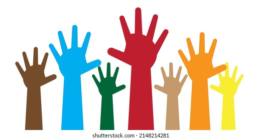 vector hand, abstract illustration of human and child's hand held up and colorful symbolizing differences in ethnicity, religion and skin color suitable for illustration of humanity