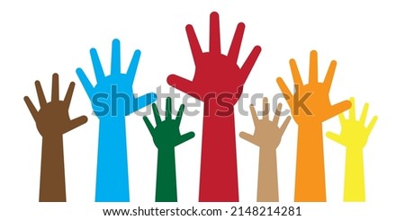 vector hand, abstract illustration of human and child's hand held up and colorful symbolizing differences in ethnicity, religion and skin color suitable for illustration of humanity