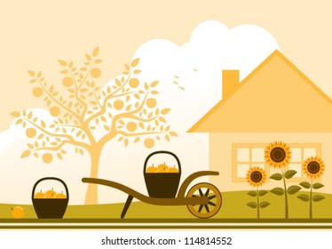 vector hand barrow with basket of apples and sunflowers