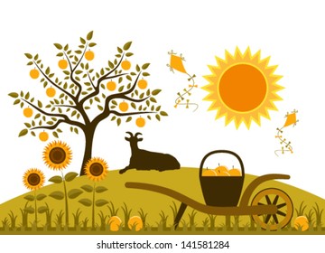 vector hand barrow with basket of apples and resting goat in garden