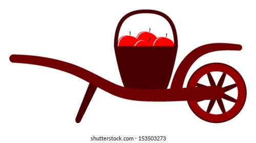 vector hand barrow with basket of apples isolated on white background