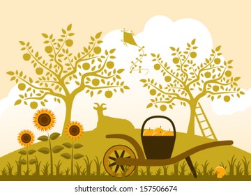 vector hand barrow with basket of apples and resting goat in garden
