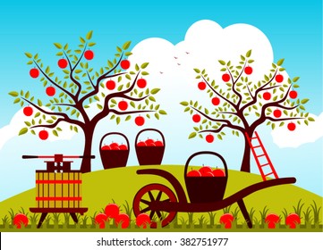 vector hand barrow with basket of apples and fruit press in apple orchard