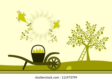 vector hand barrow with basket of pears, pear tree  and kites