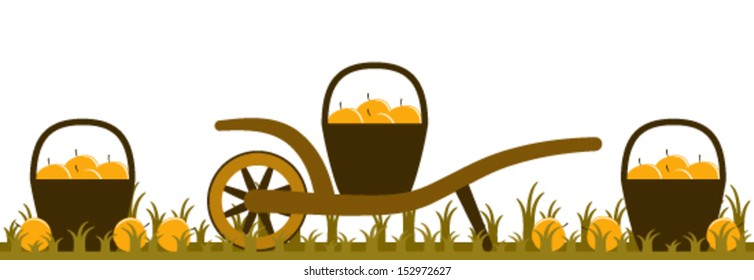 vector hand barrow and baskets of apples