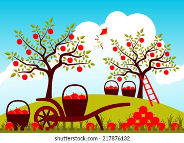 vector hand barrow and baskets of apples in apple orchard