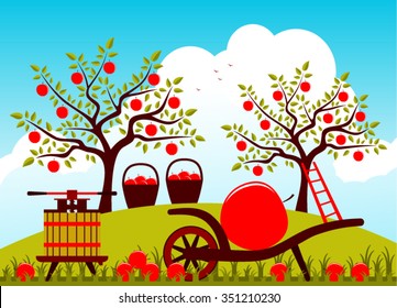 vector hand barrow with one big apple and fruit press in apple orchard