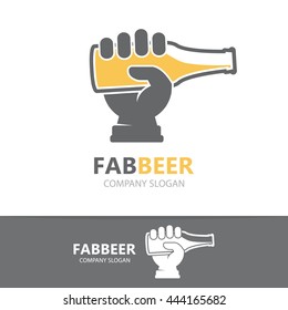 Vector hand with beer bottle logo design template.