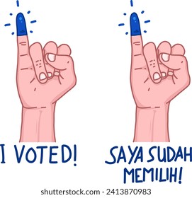 Vector of a hand with blue inked pinky finger as a sign of having voted in election, Accompanied by the words "saya sudah memilih" which mean "I voted!" in English 