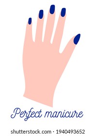 Vector con manicura azul. Ilustración vectorial con texto para pegatinas, anuncios para tiendas, salones, pancartas, etc.