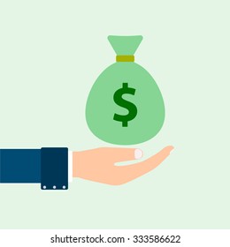 vector hand in blue suit holding a bag with a dollar sign on a green background
