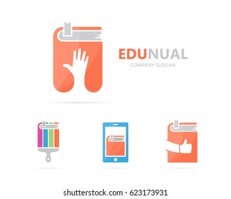 Vector of hand and book logo combination. Arm and library symbol or icon. Unique bookstore and support logotype design template.