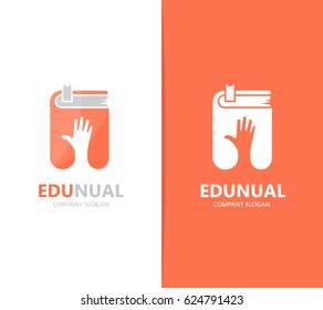 Vector of hand and book logo combination. Arm and library symbol or icon. Unique bookstore and support logotype design template.