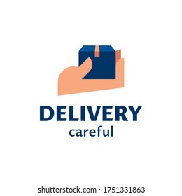 Vector hand with box logo template. Modern icon label for logistic services. Careful shipping design concept. Graphic illustration background for charity and donation organizations