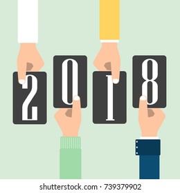 vector hand business people keep cards with the inscription 2018