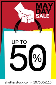 VECTOR - hand carry a shopping bag with copy text "up to 50%" on red background, typography may day sale.